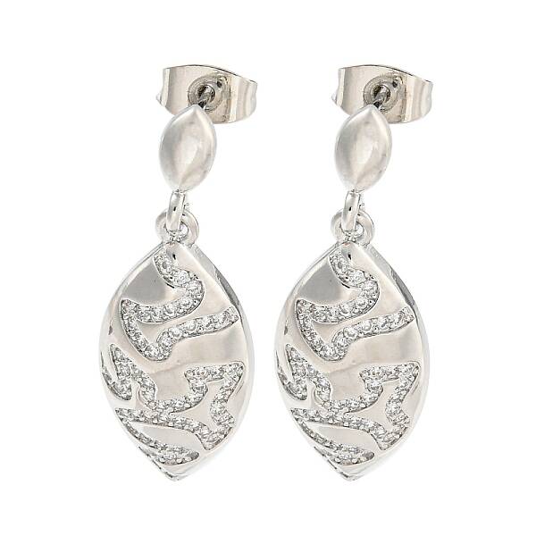 Leaf Brass Pave Clear Cubic Zirconia Dangle Stud Earrings
