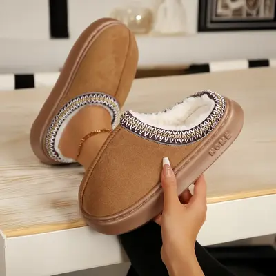 Women's Platform Mini Boot Slippers with Suede Leather Anti-Slip Sole for Indoor Outdoor Comfy Fleece Lining Short Ankle Slip...