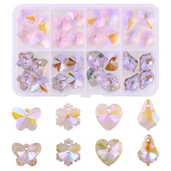 32Pcs 8 Style Pointed Back Electroplate Faceted Glass Pendants