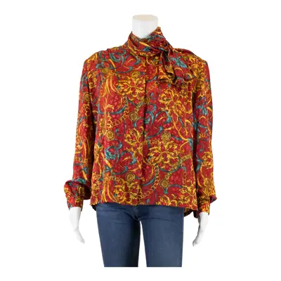 Collar Tie Blouse Red Floral Long Sleeve Womens M