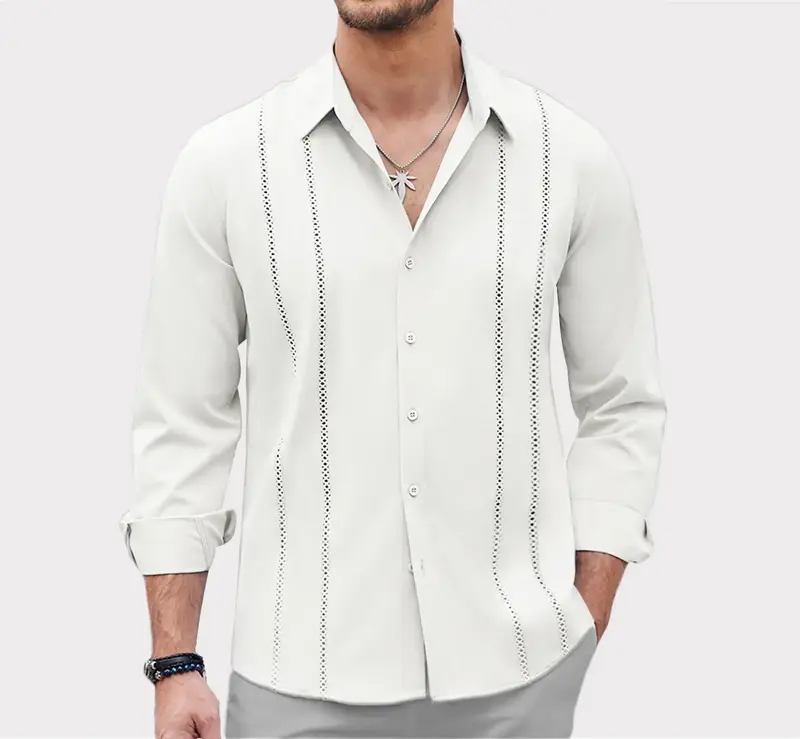 Mens Cuban Guayabera Shirt Casual Button Down Shirts Long Sleeve Summer Beach Shirts Premium Rayon Fabric Breathable Soft Ski...