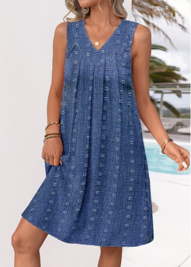 Modlily V Neck Denim Blue A Line Sleeveless Dress - S