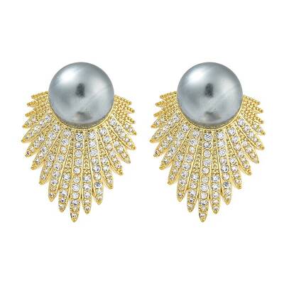 Rack Plating Fan Brass Micro Pave Clear Cubic Zirconia Stud Earrings