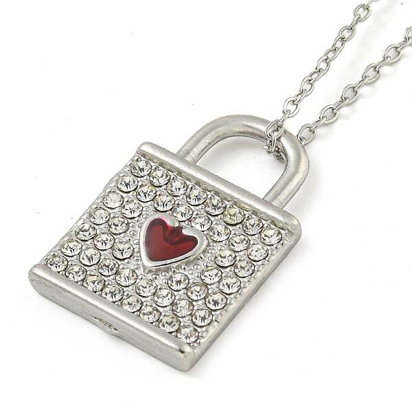 304 Stainless Steel Crystal Rhinestone Lock Pendant Necklaces