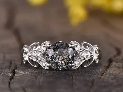 Black Rutilated Quartz Diamond Engagement Ring White Gold