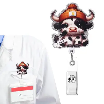 Cute Cow Design Badge Holder, 1 Count Retractable Badge Reel, Creative Identification Badges & Supplies for Doctor Nurse Offi...