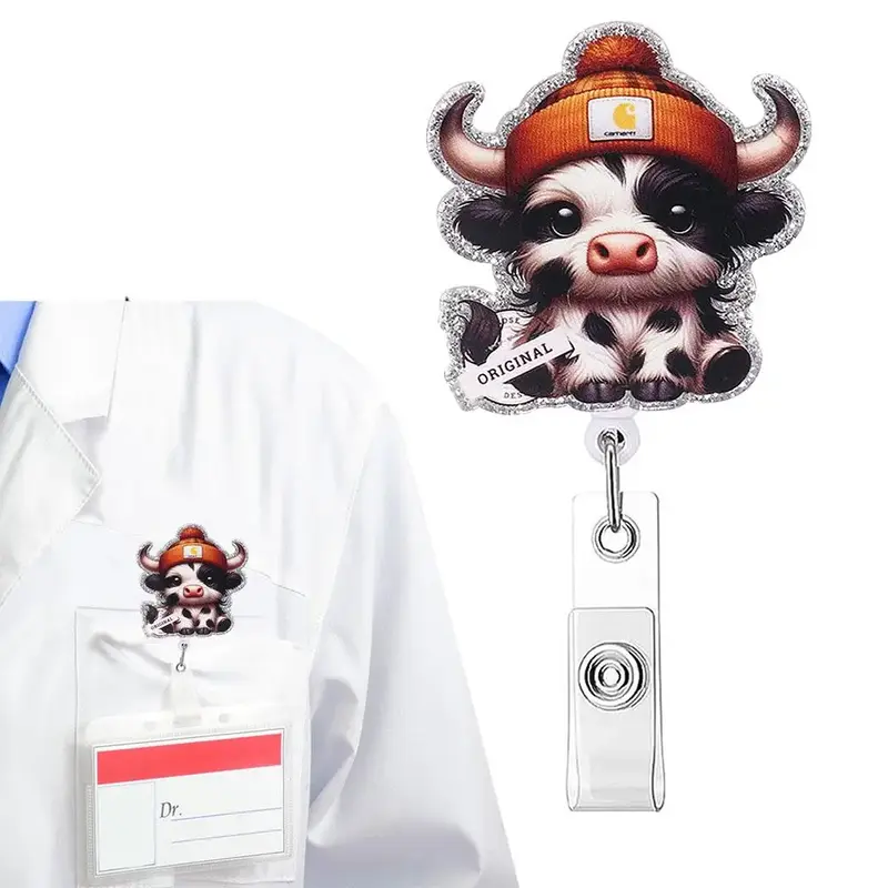 Cute Cow Design Badge Holder, 1 Count Retractable Badge Reel, Creative Identification Badges & Supplies for Doctor Nurse Offi...