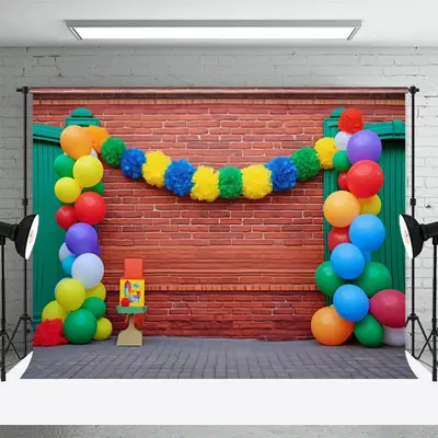 Green Door Colorful Balloons Red Brick Backdrop - Aperturee