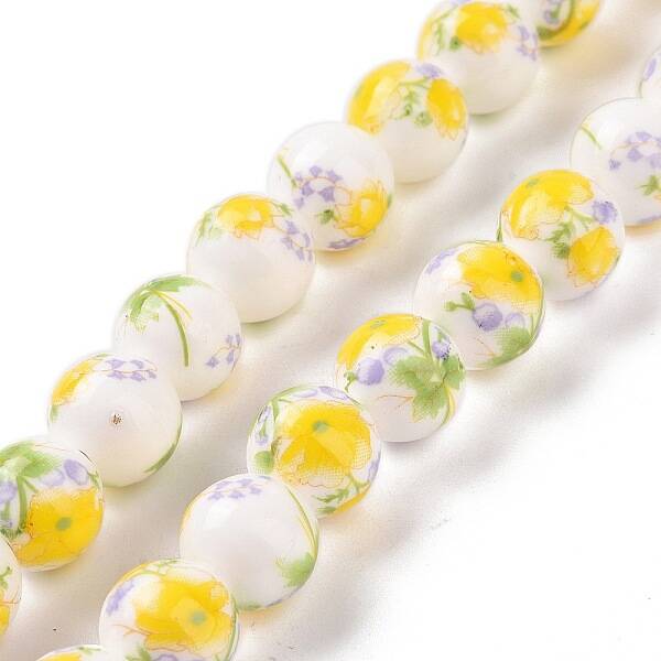 Handmade Printed Porcelain Round Beads Strands