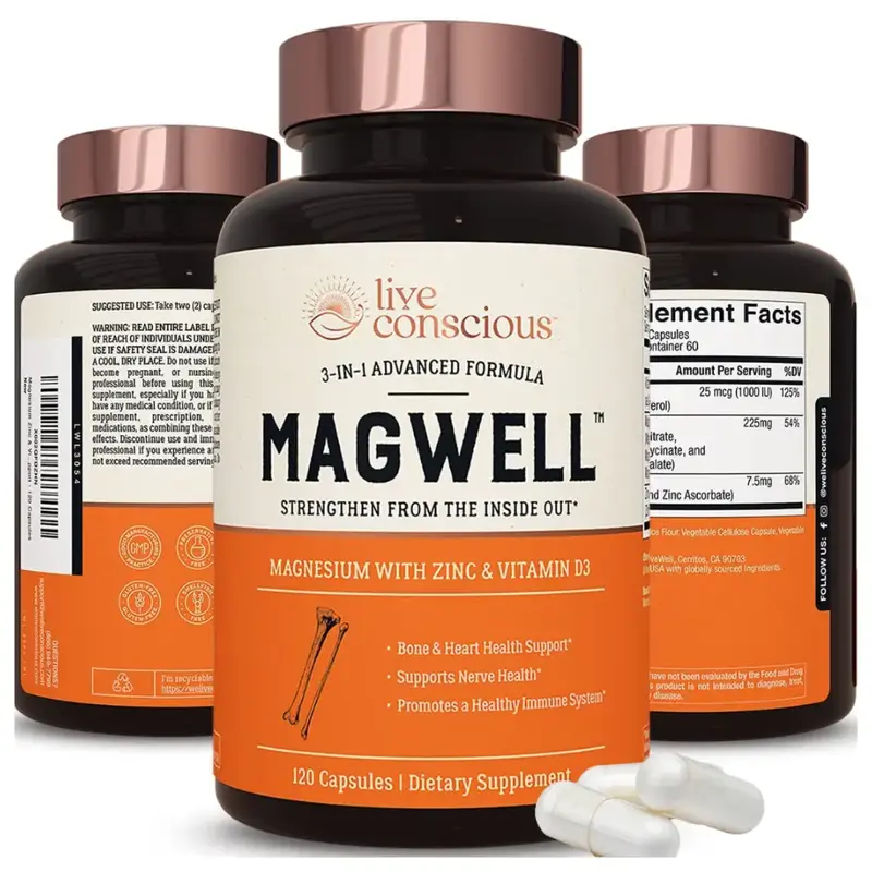 Live Conscious MagWell Magnesium Zinc & Vitamin D3 - for Sleep, Bone, Heart, Immune Support - 2 Months Supply