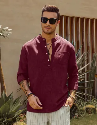 Coofandy Cotton Style Long Sleeve Shirt, Red / XL