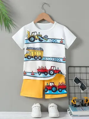 Two-Piece Set Toddler Boy's Excavator Print Short Sleeve Tee & Elastic Waist Shorts, Casual Round Neck T-shirt & Shorts, Kids...
