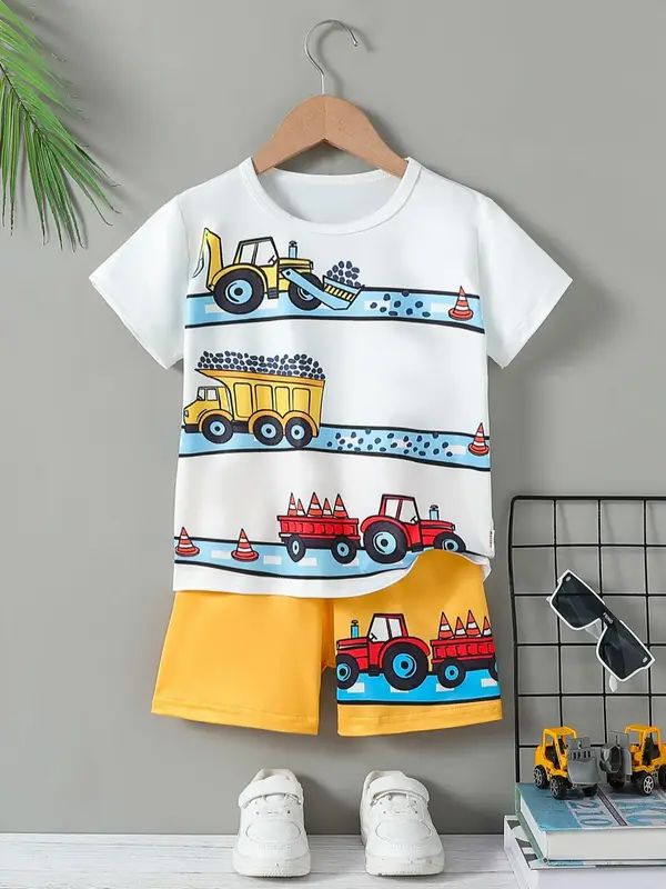 Two-Piece Set Toddler Boy's Excavator Print Short Sleeve Tee & Elastic Waist Shorts, Casual Round Neck T-shirt & Shorts, Kids...