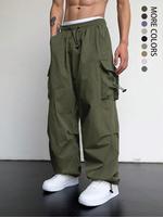 Men's Loose Plain Pocket Drawstring Waist Cargo Pants for Fall, Pants for Men, Mens Stylish Clothing, Street Trendy Baggy Wid...