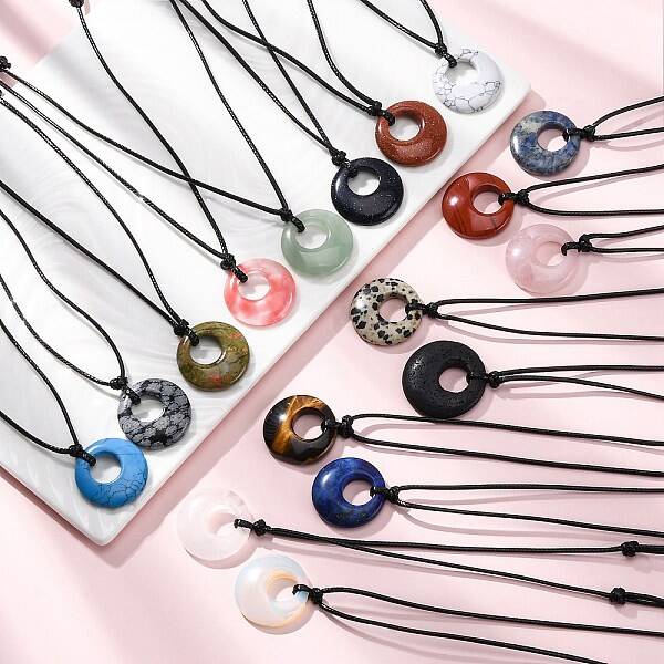 Ring Natural & Synthetic Mixed Gemstone Pendant Black Waxed Cord Adjustable Necklaces