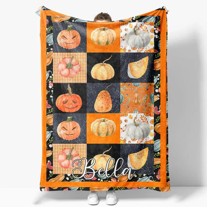 Orange Black Plaid Halloween Custom Name Blanket