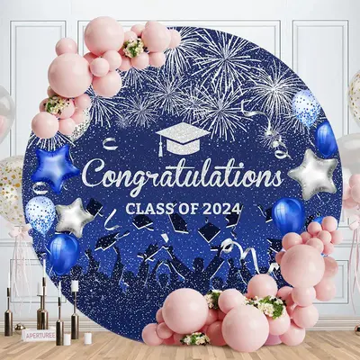 Aperturee Blue Balloon Congrats Class 2024 Grad Round Backdrop | Personalized Graduation Banner | Photo Backdrop For Graduati...