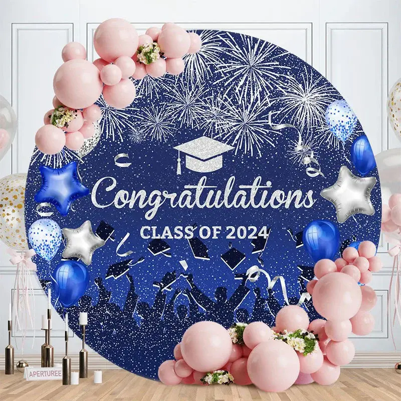 Aperturee Blue Balloon Congrats Class 2024 Grad Round Backdrop | Personalized Graduation Banner | Photo Backdrop For Graduati...