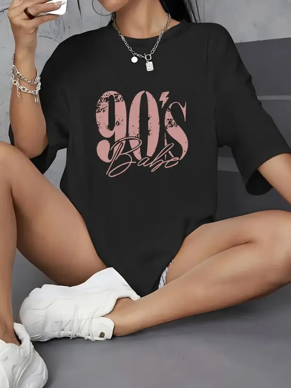 Women's Plain / Figure Print Round Neck Graphic Tee, Vintage Trendy Casual Drop Shoulder Half Sleeve T-shirt for Daily Wear, ...