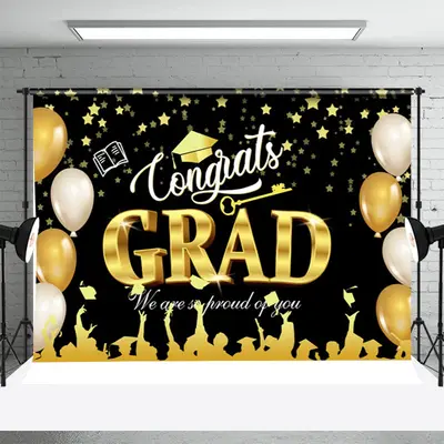 Congrats Black Gold Stars Caps Graduation Backdrop - Aperturee