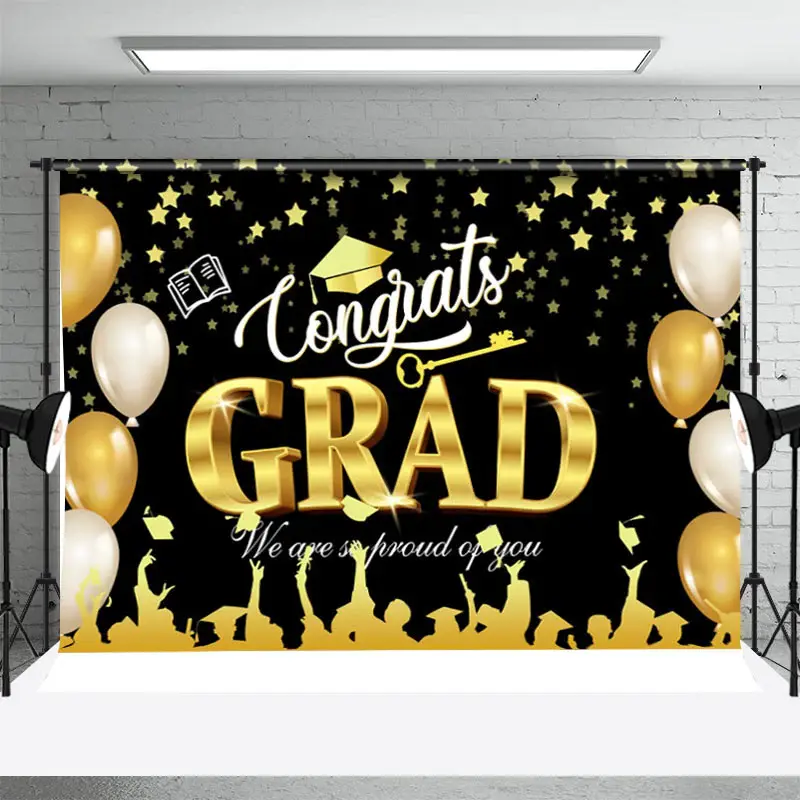Congrats Black Gold Stars Caps Graduation Backdrop - Aperturee