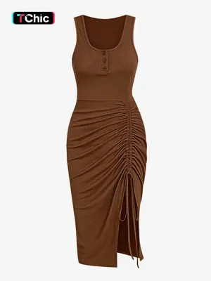 Women's Drawstring Ruched Ribbed Tank Dress with Slit, Casual Button Decor Scoop Neck Sleeveless Bodycon Dress, Summer Clothe...