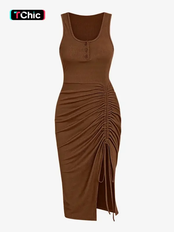 Women's Drawstring Ruched Ribbed Tank Dress with Slit, Casual Button Decor Scoop Neck Sleeveless Bodycon Dress, Summer Clothe...