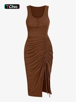 Women's Drawstring Ruched Ribbed Tank Dress with Slit, Casual Button Decor Scoop Neck Sleeveless Bodycon Dress, Summer Clothe...
