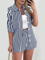 Women's Striped Print Button Front Shirt & Shorts Two-Piece Set, Casual Fashion Top & Shorts for Summer, Ladies Clothes for D...