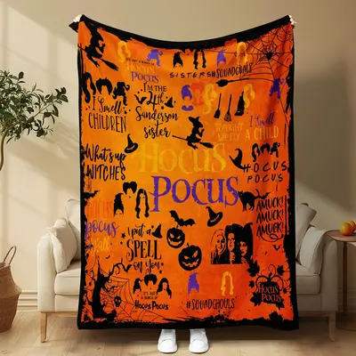 Hocus Pocus Halloween Blanket, Super Soft Fleece Throw, Witches Spells and Pumpkins Orange Cozy Blanket for Sofa Couch Bed, C...