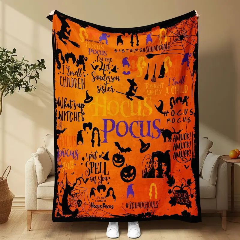 Hocus Pocus Halloween Blanket, Super Soft Fleece Throw, Witches Spells and Pumpkins Orange Cozy Blanket for Sofa Couch Bed, C...