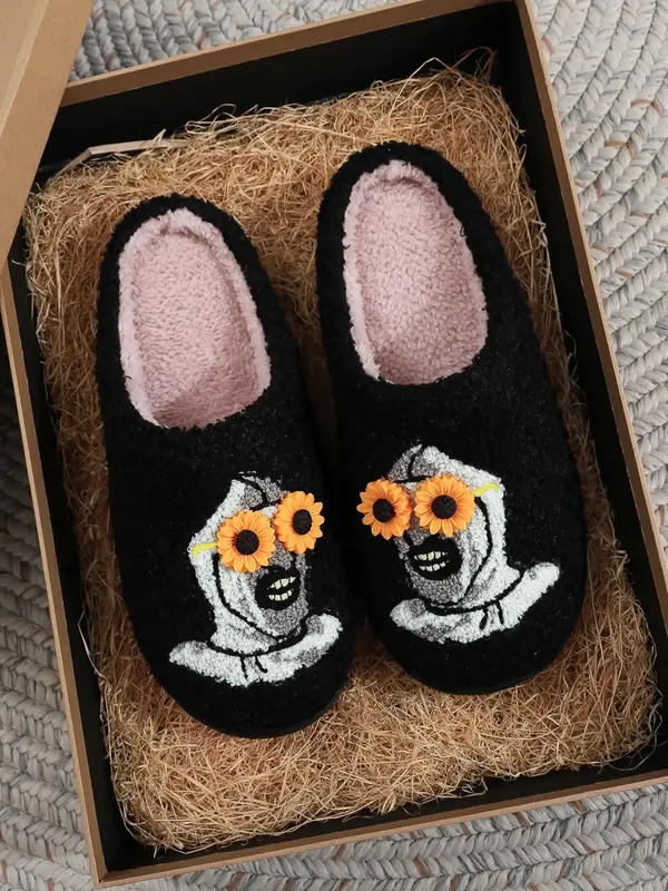 Horror Cartoon Embroidered Plush Slippers, Soft and Comfortable Home Shoes for Men and Women, Perfect for Autumn and Winter R...
