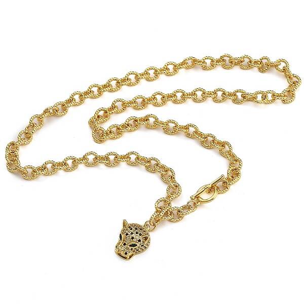 Brass Micro Pave Cubic Zirconia Leopard Pendant Cable Chain Necklaces