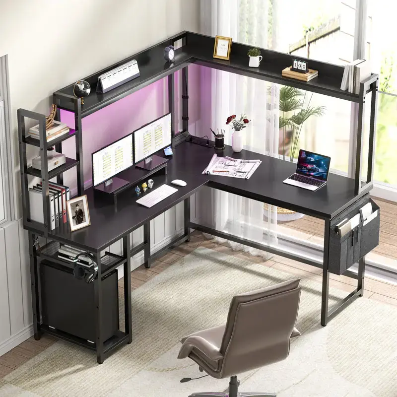 Unikito L-Shaped Desk with Hutch & Power Outlet, Gaming Desk Corner Computer Desk with LED Lights, Reversible Design, Sturdy ...