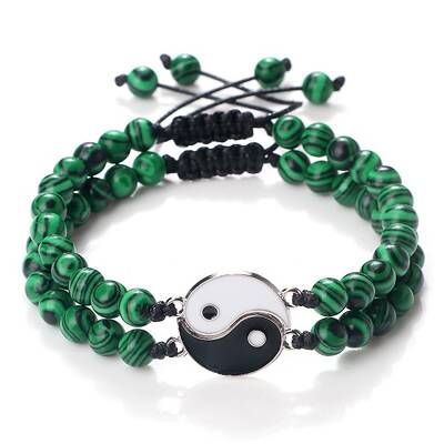 Adjustable Round Synthetic Malachite Beaded Stretch Bracelet Sets