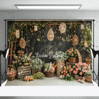 Flowers Lanterns Black Wall Birthday Photo Backdrop - Aperturee
