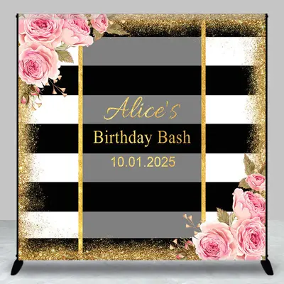 White Black Stripe Flower Custom Birthday Backdrop