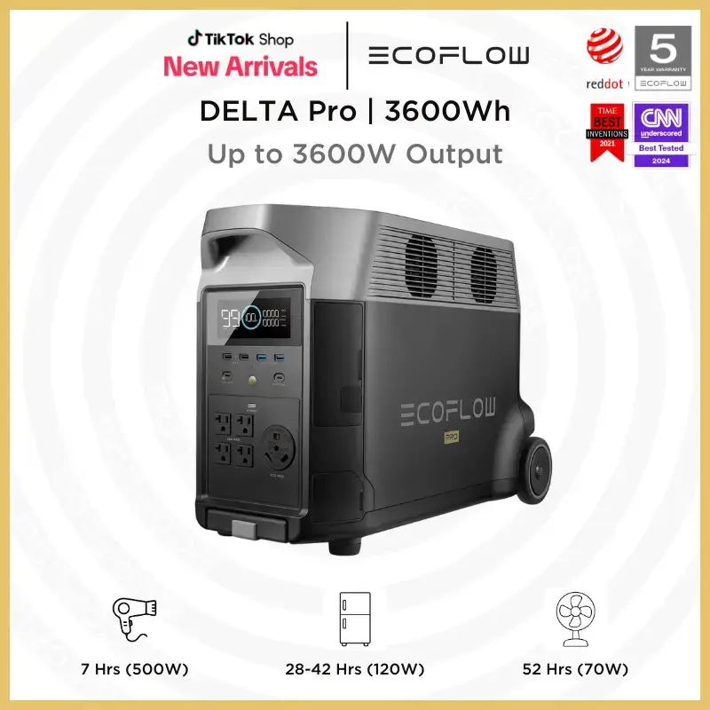DELTA Pro, 3600Wh, 3600W Output, EcoFlow Portable Power Station, 2.7H to Full Charge, 5 AC Outlets,  120V LFP Battery with Ex...