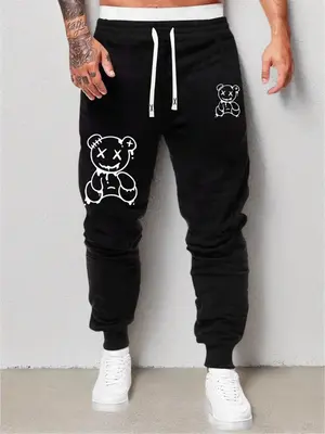 Men's Y2k Cartoon Bear Graphic Drawstring Waist Pro Club Sweatpants, Fall Outfits, Fallfreshness Men's Clothing, Regular Fit...
