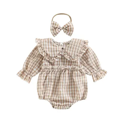Newborn Baby Girl Clothes Gingham Plaid Bubble Romper Long Sleeve Ruffle Bodysuit with Headband Spring Fall Outfit Sets