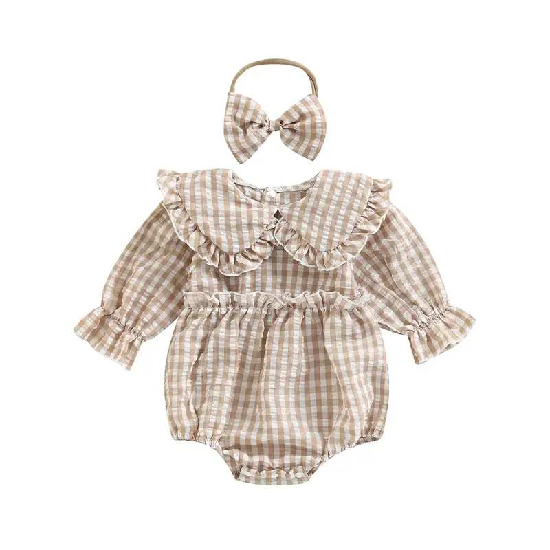 Newborn Baby Girl Clothes Gingham Plaid Bubble Romper Long Sleeve Ruffle Bodysuit with Headband Spring Fall Outfit Sets