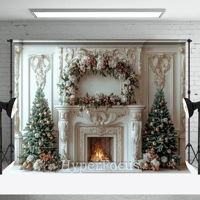 Luxury Palace Fireplace Floral Christmas Backdrop - Aperturee