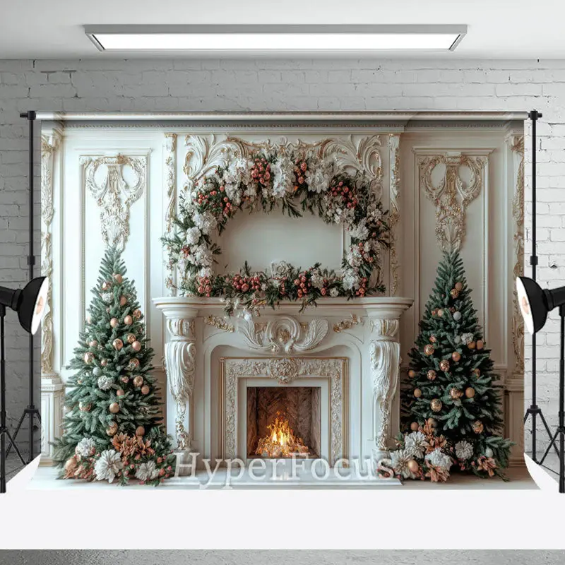 Luxury Palace Fireplace Floral Christmas Backdrop - Aperturee