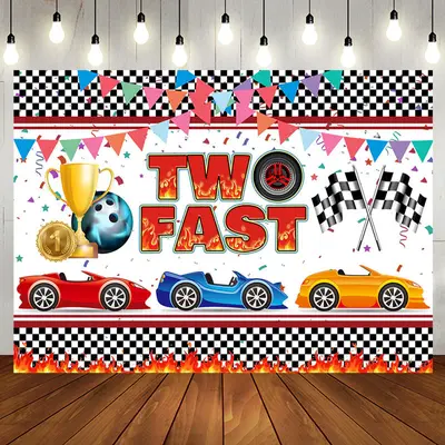 Black White Plaid Two Fast Racing Birthday Backdrop