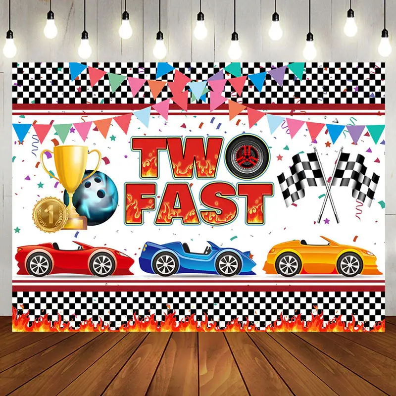 Black White Plaid Two Fast Racing Birthday Backdrop