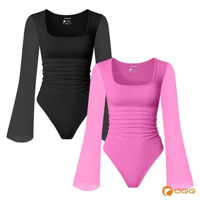 OQQ-Nine cents Women's Square Neck Body Suit Sheer Mesh Flared Long Sleeve Bodysuit Shirt Tops Womenswear Stretchy Fabric Sha...