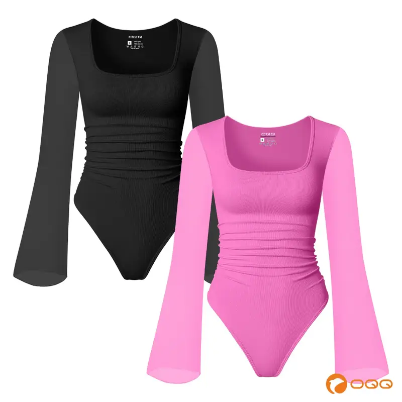 OQQ-Nine cents Women's Square Neck Body Suit Sheer Mesh Flared Long Sleeve Bodysuit Shirt Tops Womenswear Stretchy Fabric Sha...