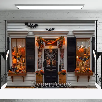 White Black Halloween Vibe Store Porch Backdrop - Aperturee