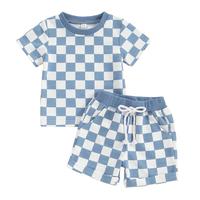 Toddler Baby Boy Girl Summer Outfit Plaid Patchwork Checkerboard Print Short Sleeve T Shirt Tops Stretch Casual Shorts Summer...
