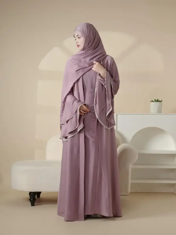 Two-piece Set Women's Plain Contrast Binding Layered Sleeve Islamic Set, Modest Long Sleeve Zipper Back Round Neck Dress &...